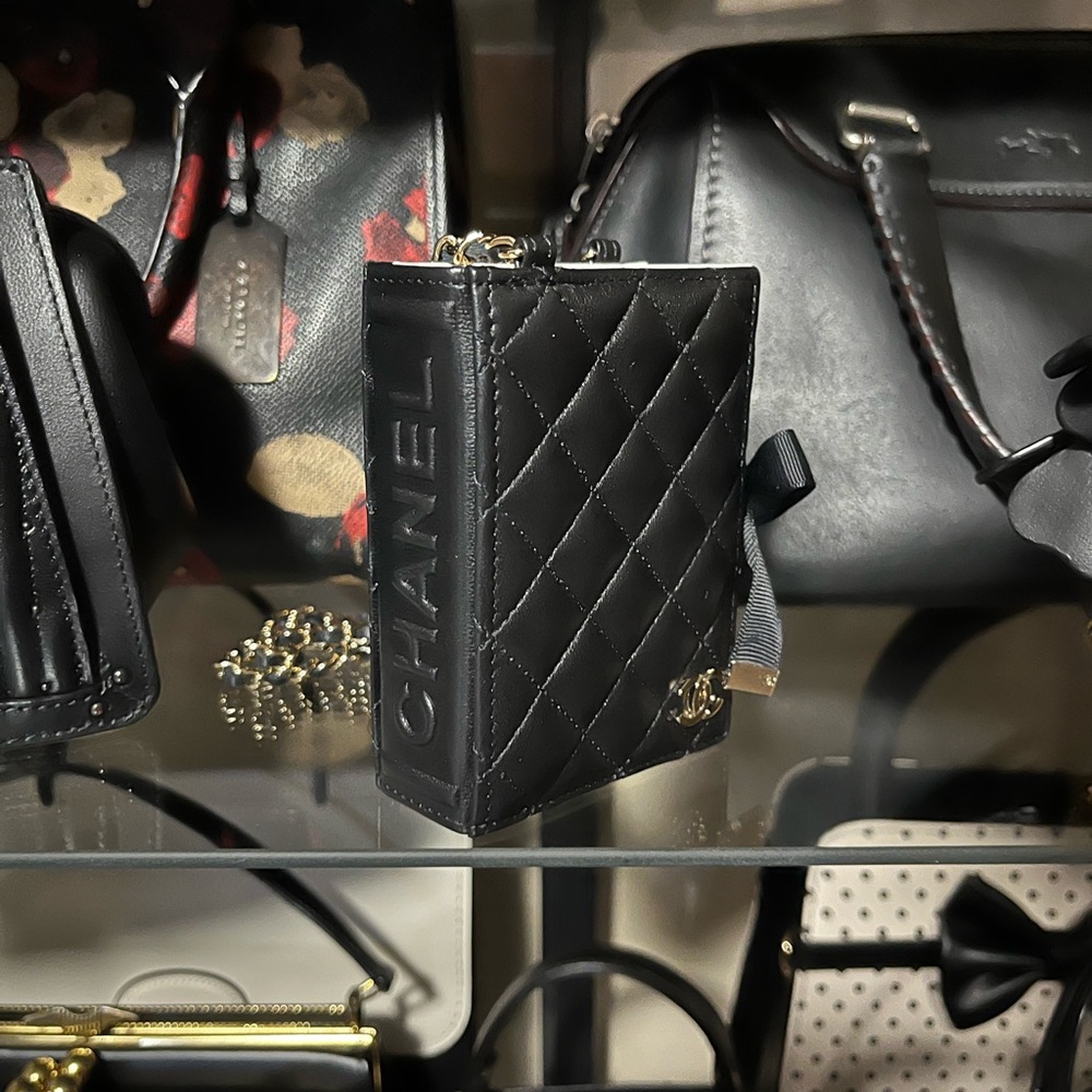 CHANEL Lambskin Quilted Book Card Holder on Chain Black